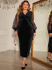 Plus Size Mesh Floral Sleeves Ruched V-neck Velvet Midi Dress US 16-18 / Black