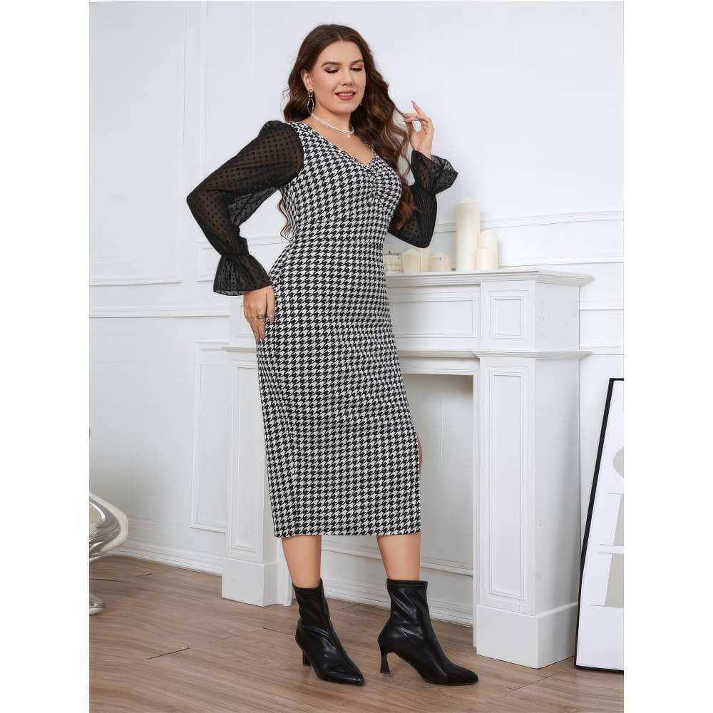 Plus Size Mesh Lantern Sleeves Houndstooth Patterned Dress