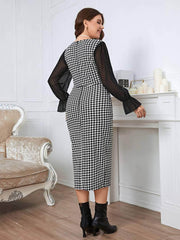 Plus Size Mesh Lantern Sleeves Houndstooth Patterned Dress