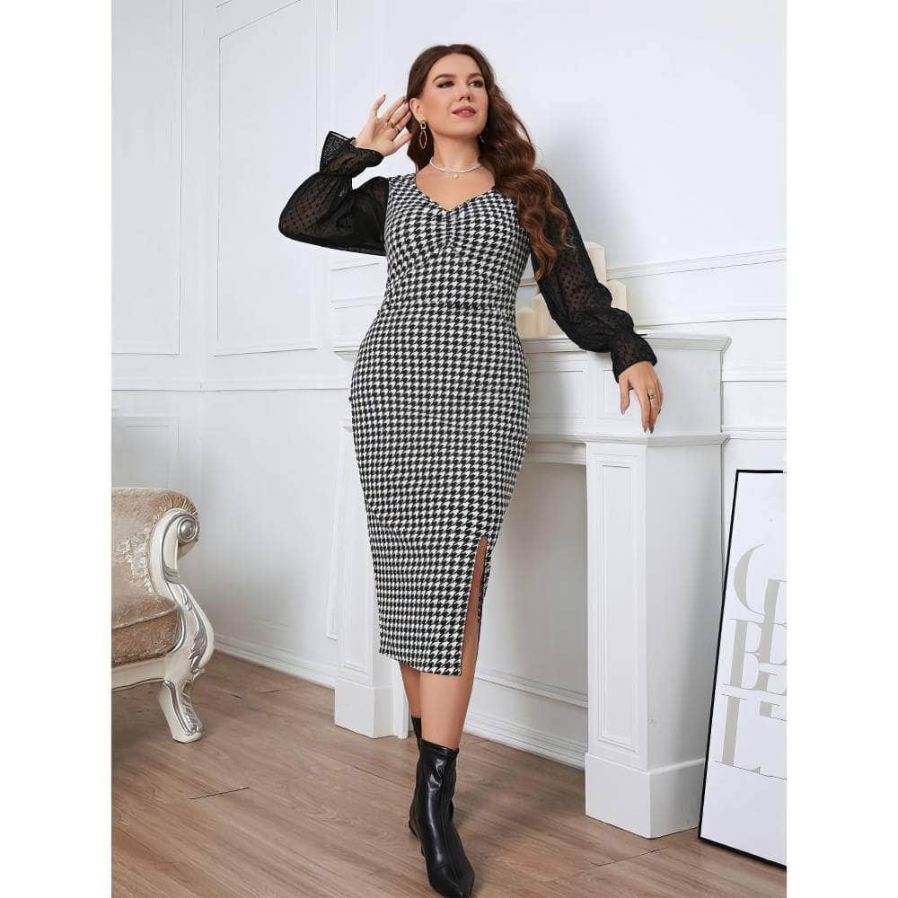 Plus Size Mesh Lantern Sleeves Houndstooth Patterned Dress