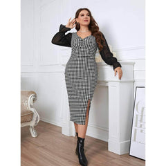 Plus Size Mesh Lantern Sleeves Houndstooth Patterned Dress
