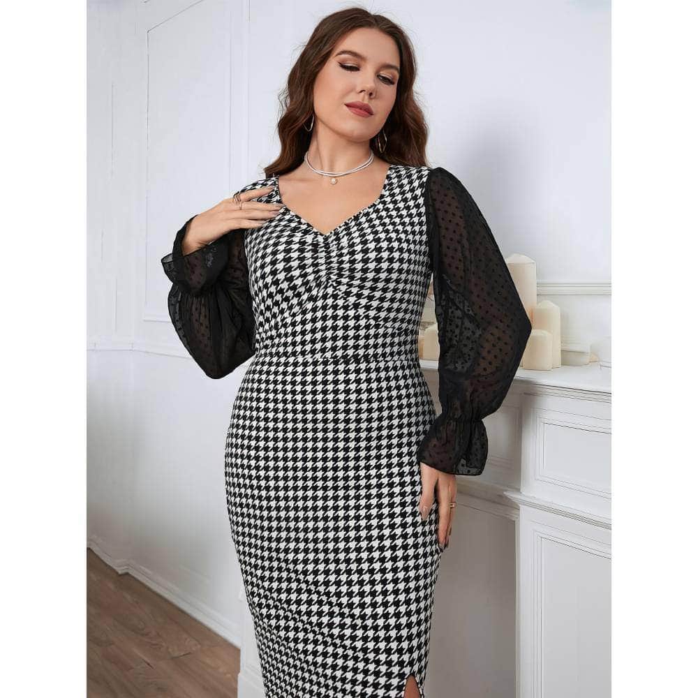 Plus Size Mesh Lantern Sleeves Houndstooth Patterned Dress