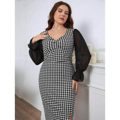 Plus Size Mesh Lantern Sleeves Houndstooth Patterned Dress