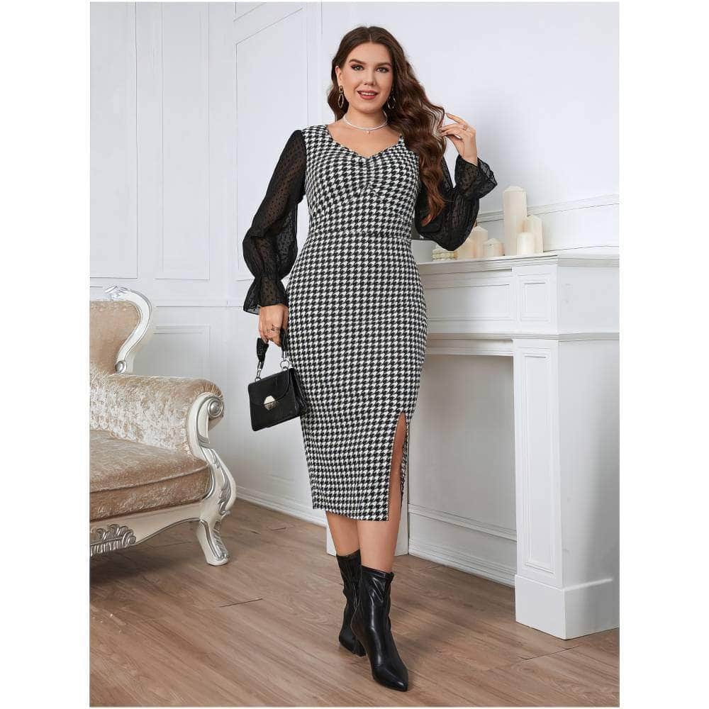 Plus Size Mesh Lantern Sleeves Houndstooth Patterned Dress