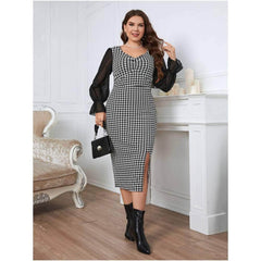 Plus Size Mesh Lantern Sleeves Houndstooth Patterned Dress