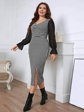Plus Size Mesh Lantern Sleeves Houndstooth Patterned Dress US 16-18 / Black