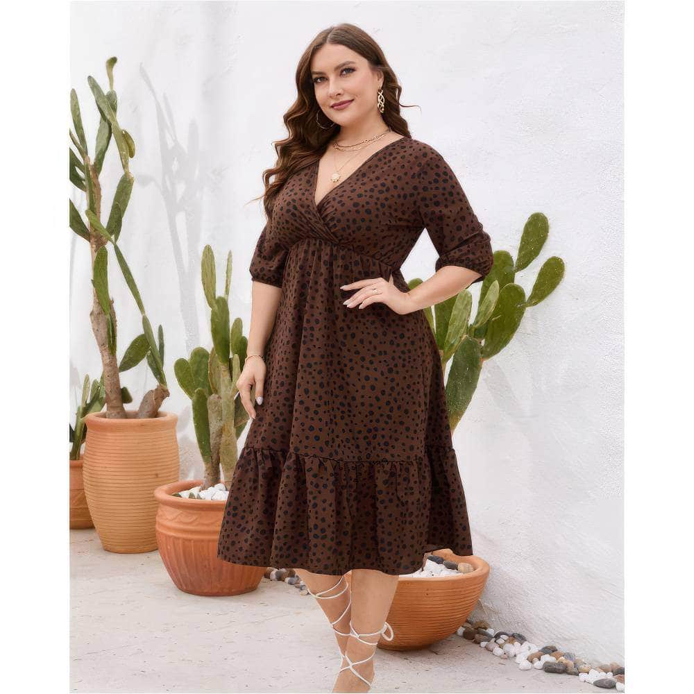 Plus Size Midi Sleeves Surplice Neck Pleated Hem Polka Dress