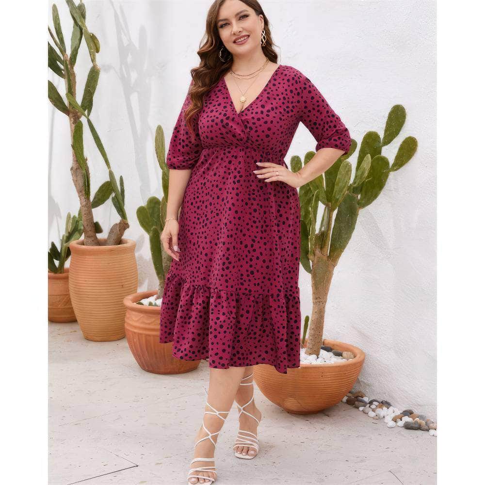 Plus Size Midi Sleeves Surplice Neck Pleated Hem Polka Dress