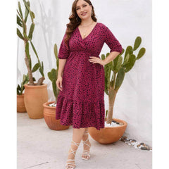 Plus Size Midi Sleeves Surplice Neck Pleated Hem Polka Dress