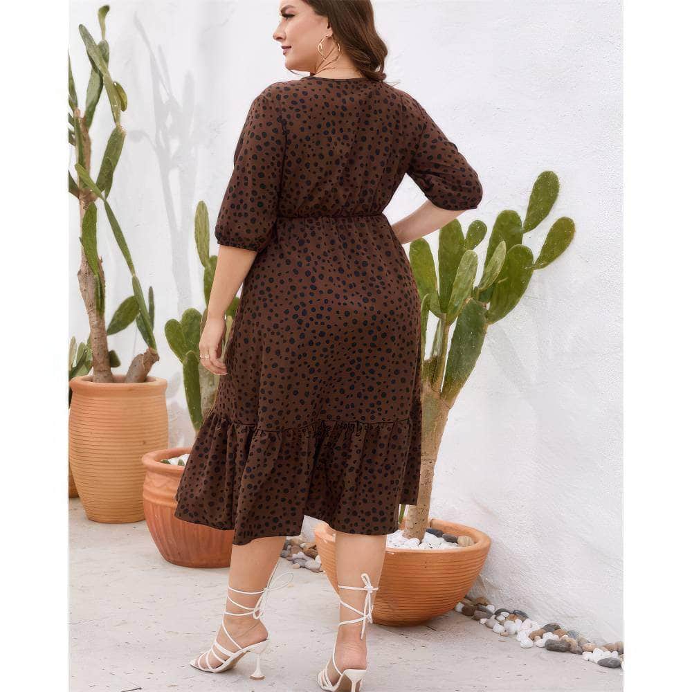 Plus Size Midi Sleeves Surplice Neck Pleated Hem Polka Dress