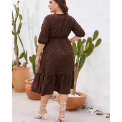 Plus Size Midi Sleeves Surplice Neck Pleated Hem Polka Dress