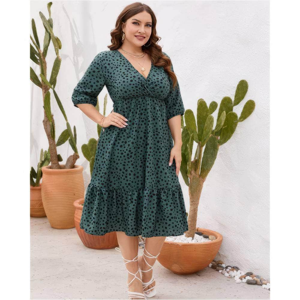 Plus Size Midi Sleeves Surplice Neck Pleated Hem Polka Dress