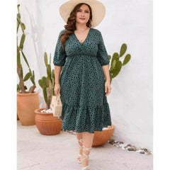 Plus Size Midi Sleeves Surplice Neck Pleated Hem Polka Dress