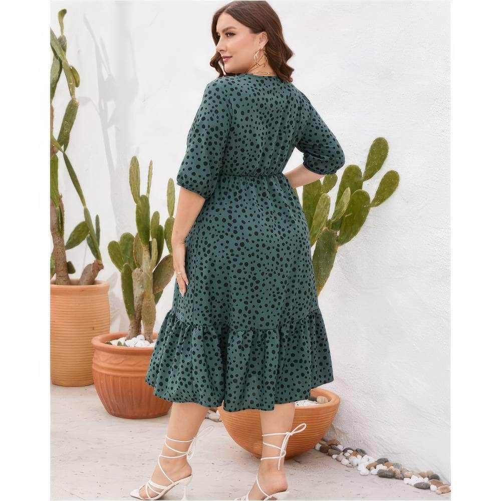Plus Size Midi Sleeves Surplice Neck Pleated Hem Polka Dress