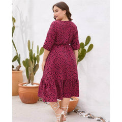 Plus Size Midi Sleeves Surplice Neck Pleated Hem Polka Dress