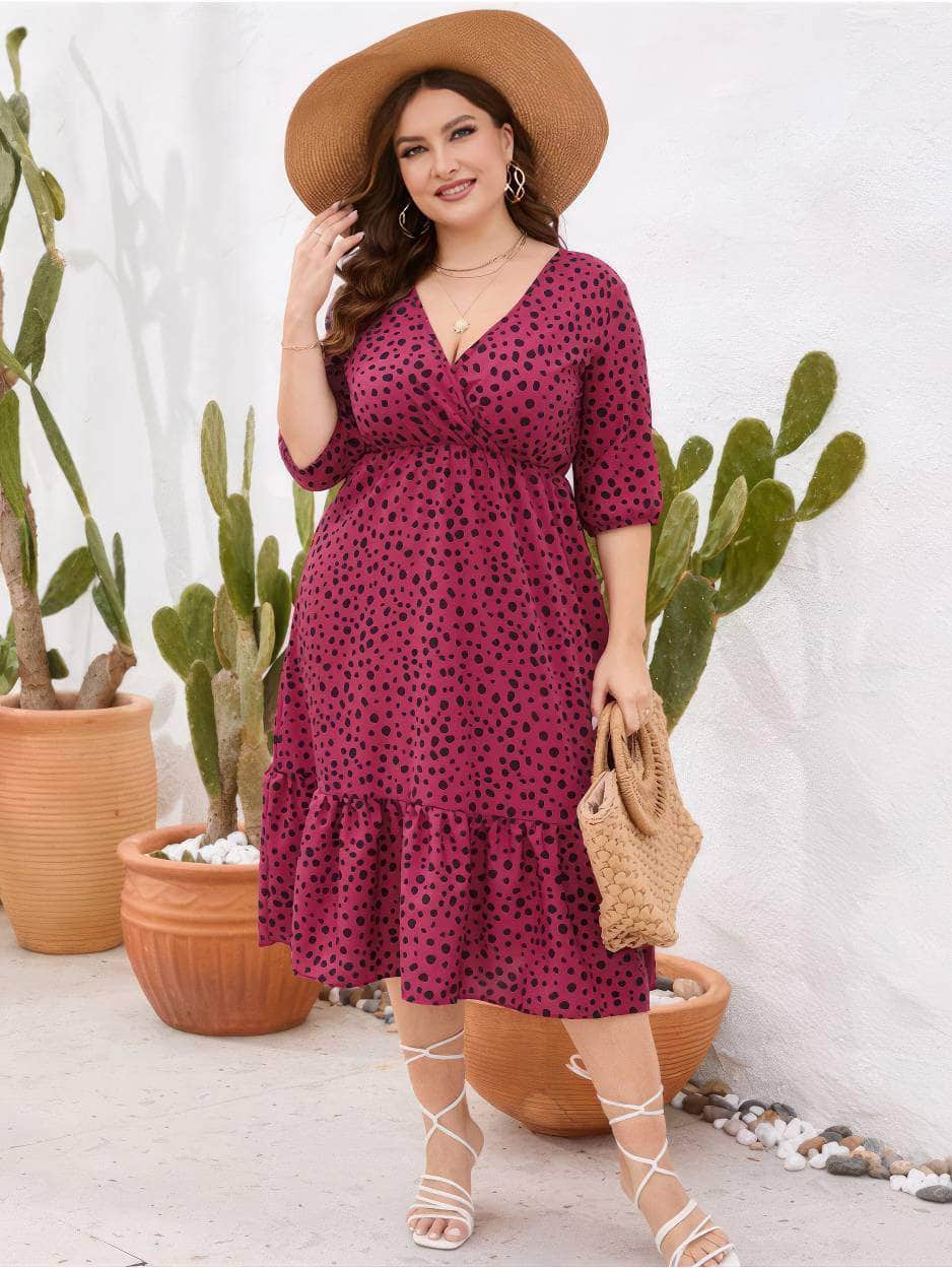Plus Size Midi Sleeves Surplice Neck Pleated Hem Polka Dress US 16-18 / DeepPink