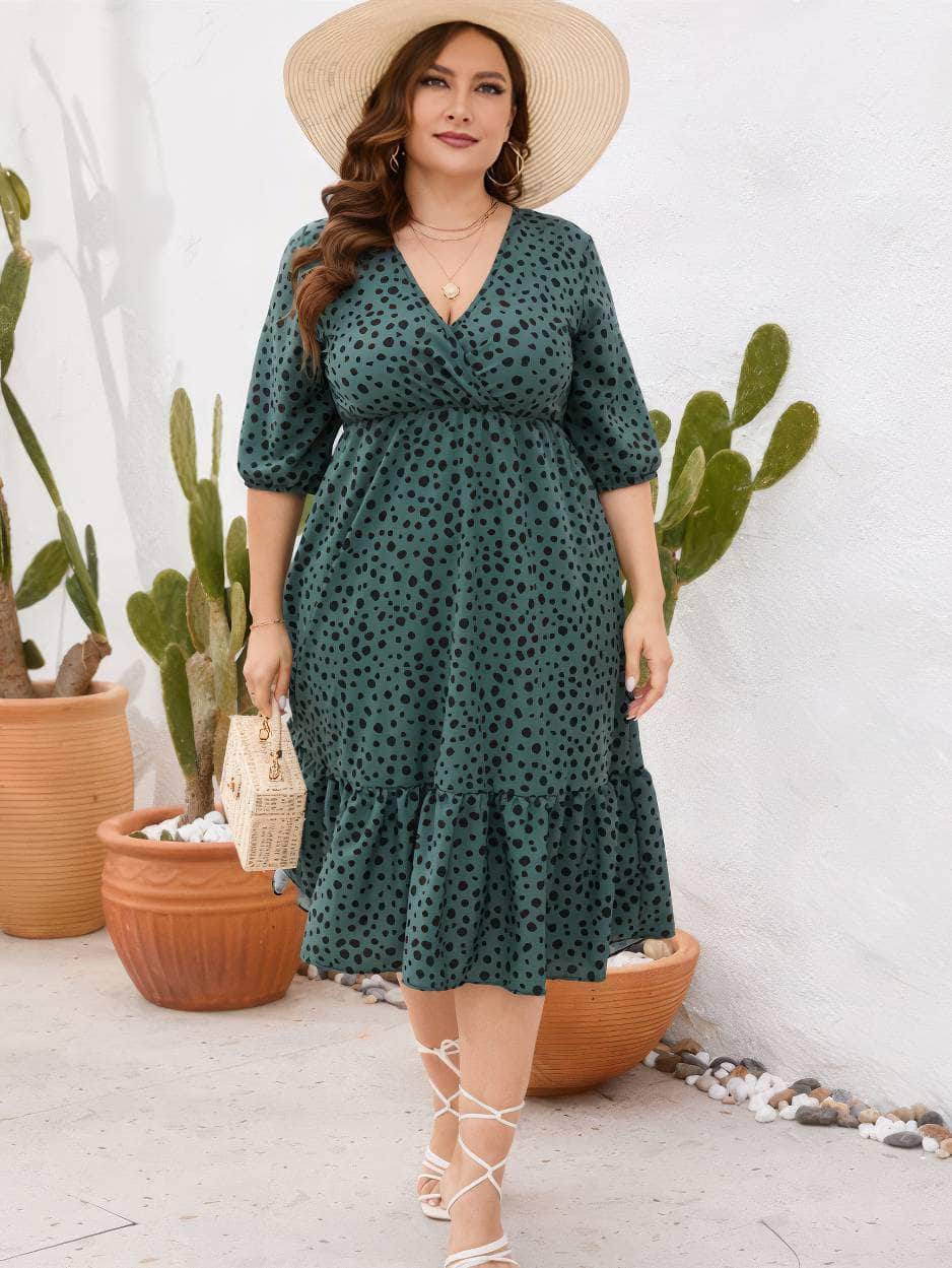 Plus Size Midi Sleeves Surplice Neck Pleated Hem Polka Dress US 16-18 / Green