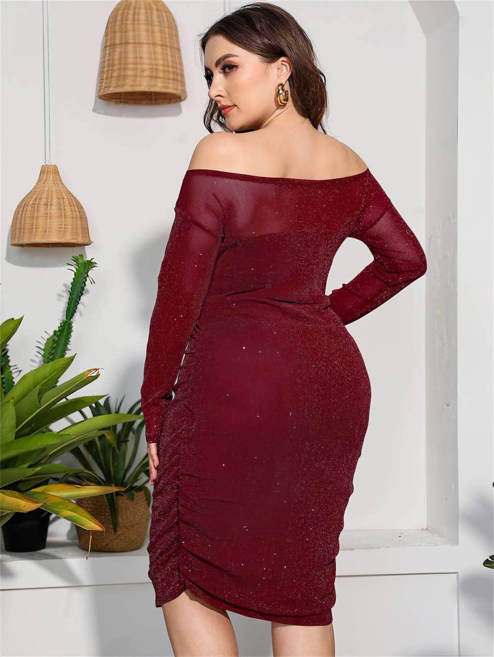 Plus Size Off-Shoulder Mesh Sequin Midi Dress