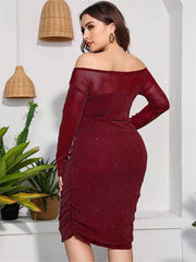 Plus Size Off-Shoulder Mesh Sequin Midi Dress