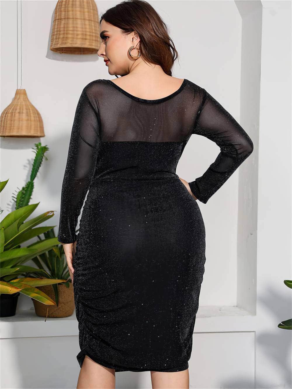 Plus Size Off-Shoulder Mesh Sequin Midi Dress