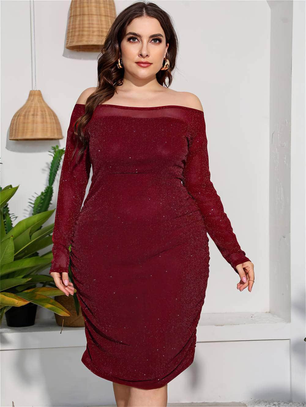Plus Size Off-Shoulder Mesh Sequin Midi Dress