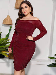 Plus Size Off-Shoulder Mesh Sequin Midi Dress