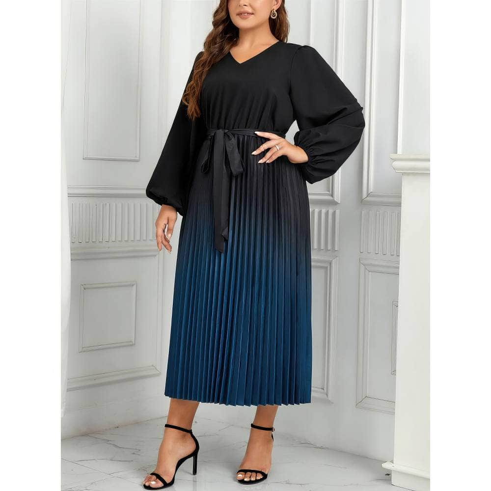 Plus Size Ombre Print Lantern Sleeves Pleated Dress