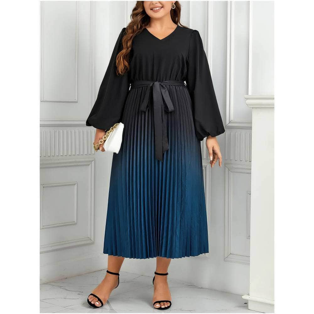 Plus Size Ombre Print Lantern Sleeves Pleated Dress