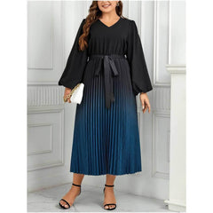 Plus Size Ombre Print Lantern Sleeves Pleated Dress