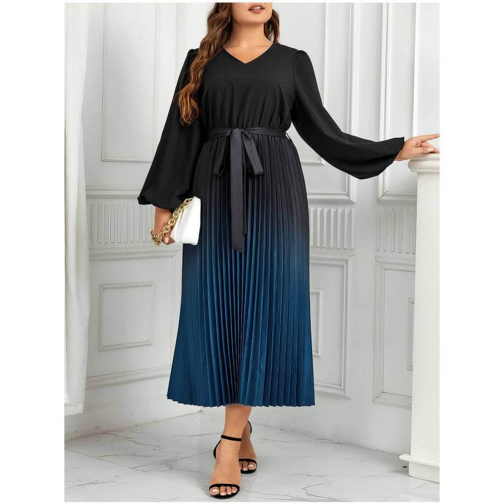 Plus Size Ombre Print Lantern Sleeves Pleated Dress