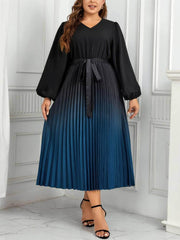 Plus Size Ombre Print Lantern Sleeves Pleated Dress US 16-18 / Black