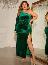 Plus Size One Shoulder Side Slit Velvet Knot Dress US 16-18 / Green