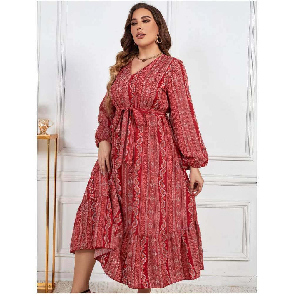 Plus Size Paisley Print Lantern Sleeve Ruffle Hem Belted Dress