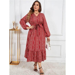 Plus Size Paisley Print Lantern Sleeve Ruffle Hem Belted Dress