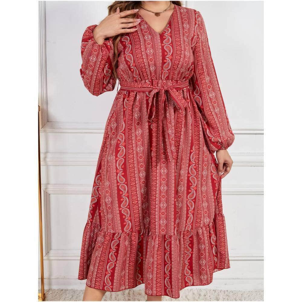 Plus Size Paisley Print Lantern Sleeve Ruffle Hem Belted Dress