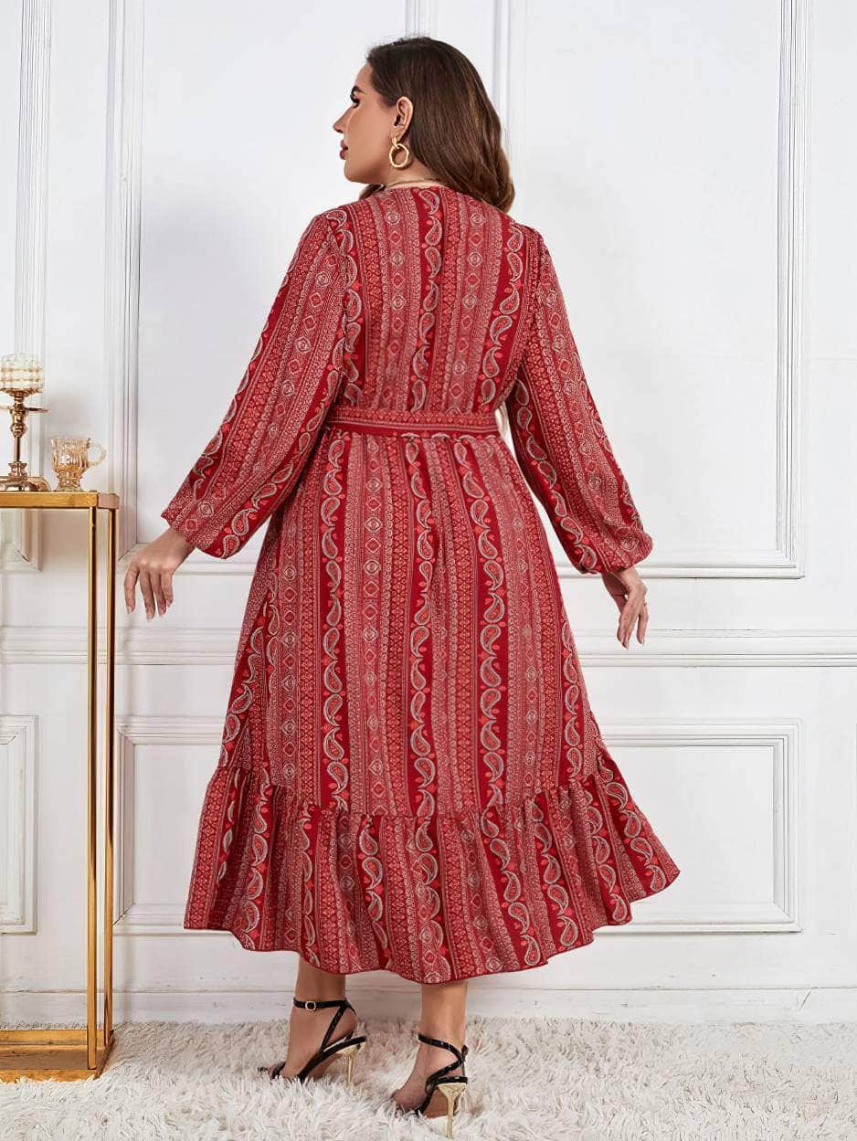 Plus Size Paisley Print Lantern Sleeve Ruffle Hem Belted Dress