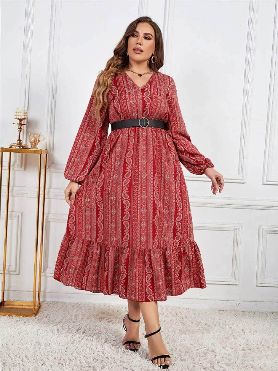 Plus Size Paisley Print Lantern Sleeve Ruffle Hem Belted Dress US 16-18 / Red