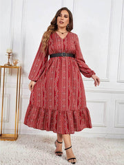 Plus Size Paisley Print Lantern Sleeve Ruffle Hem Belted Dress US 16-18 / Red