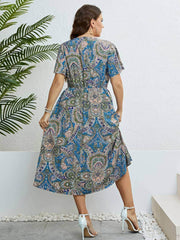 Plus Size Paisley Print Short Sleeves Ruched Waist A-line Dress