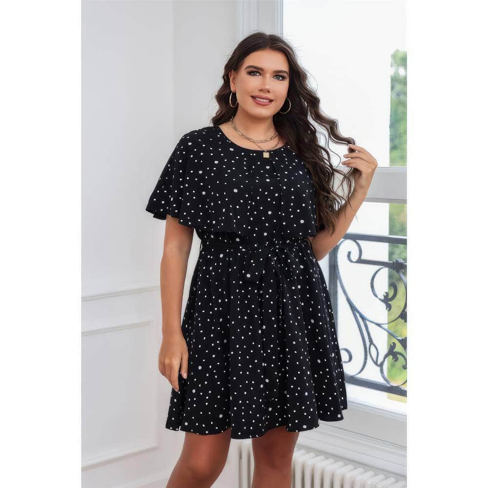 Plus Size Polka Dot Butterfly Sleeves Belted Dress