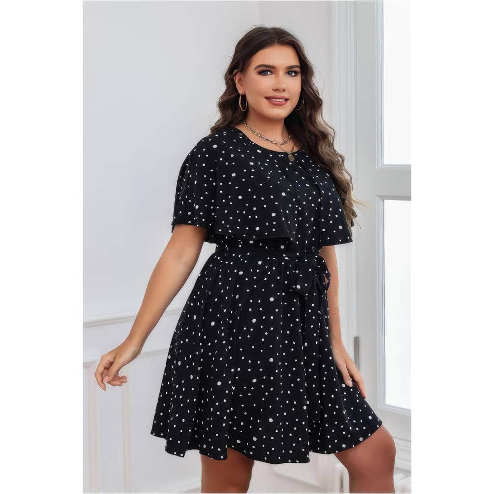 Plus Size Polka Dot Butterfly Sleeves Belted Dress