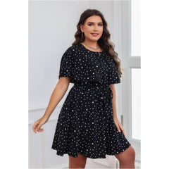 Plus Size Polka Dot Butterfly Sleeves Belted Dress