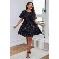 Plus Size Polka Dot Butterfly Sleeves Belted Dress