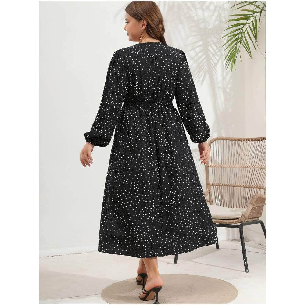 Plus Size Polka Dot Lantern Sleeves Ruched Maxi Dress