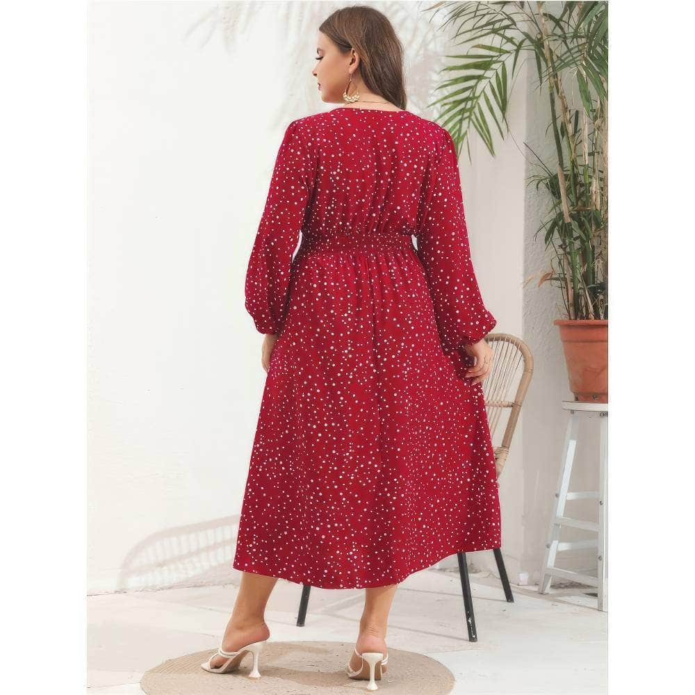 Plus Size Polka Dot Lantern Sleeves Ruched Maxi Dress
