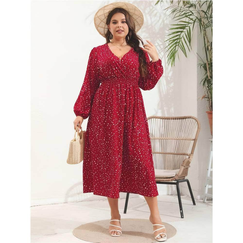 Plus Size Polka Dot Lantern Sleeves Ruched Maxi Dress