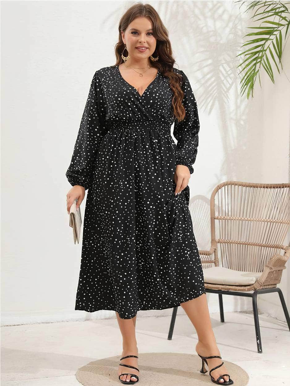Plus Size Polka Dot Lantern Sleeves Ruched Maxi Dress US 16-18 / Black