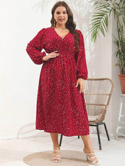 Plus Size Polka Dot Lantern Sleeves Ruched Maxi Dress US 16-18 / Red