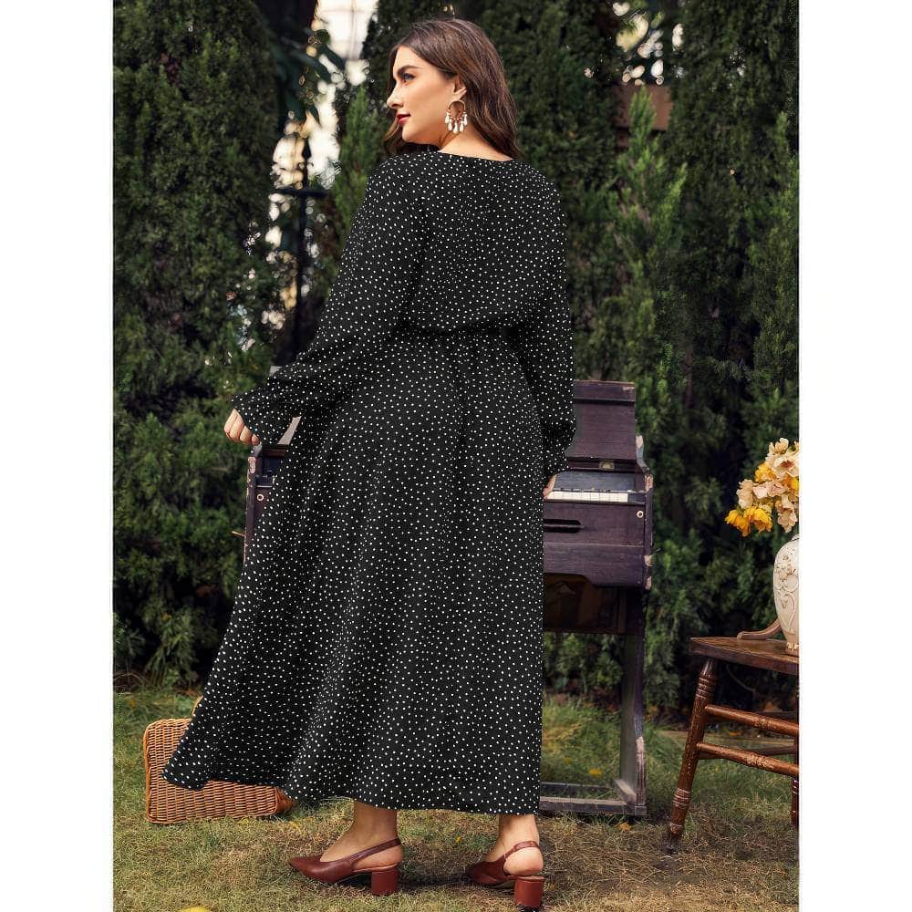 Plus Size Polka Dot Long Sleeves Lace Neck Maxi Dress