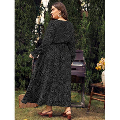 Plus Size Polka Dot Long Sleeves Lace Neck Maxi Dress